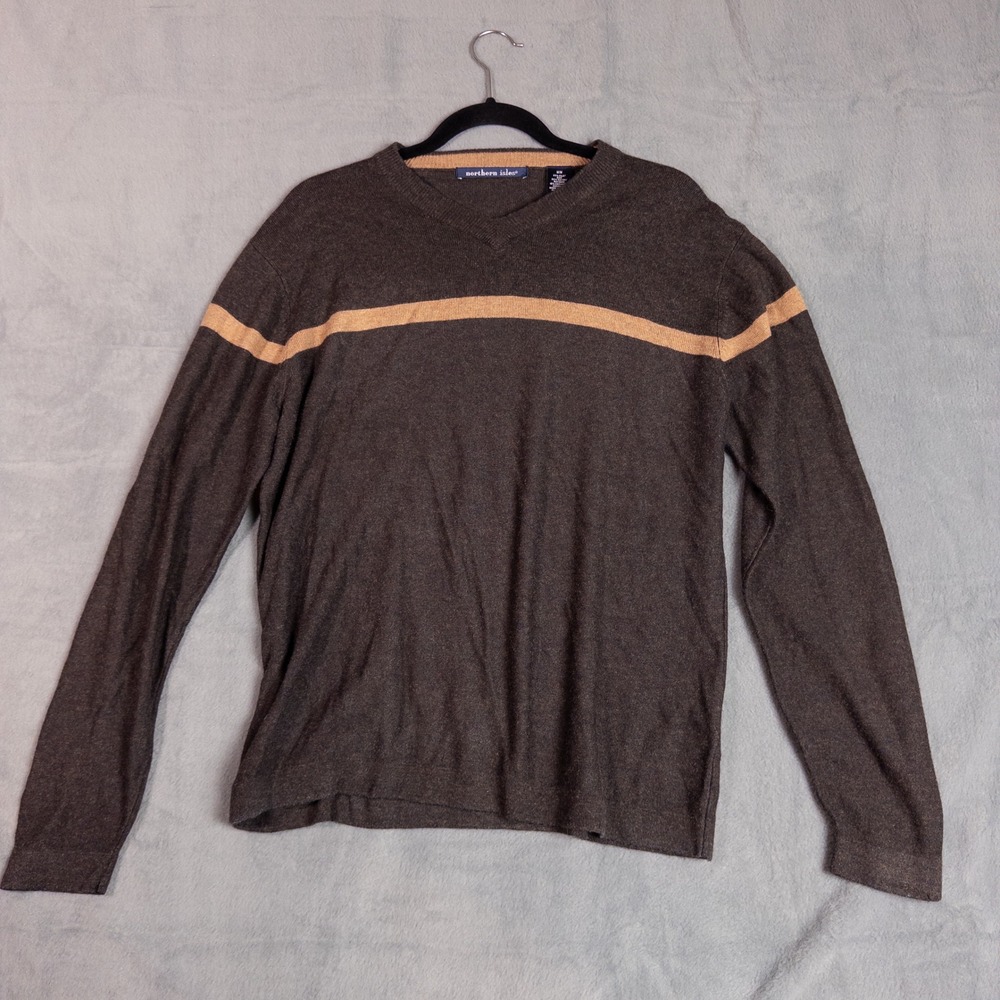 Northern Isles Sweater Mens M Brown Excellent Silk Cashmere Blend V-Neck Stripe